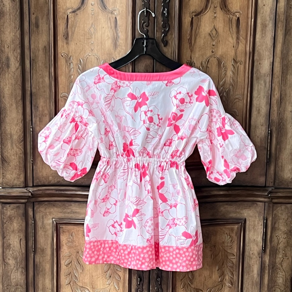 Bebe NWT Pink White Floral V-Neck Babydoll Top Empire Waist Puff Sleeves Sz S - Picture 5 of 15